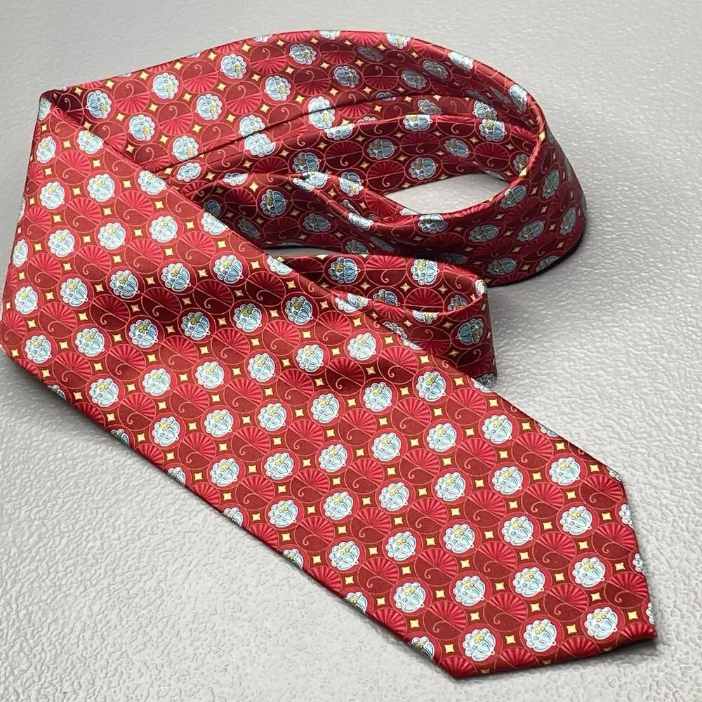 Faberge Silk Tie Vintage Neiman Marcus Floral Fan USA XL X-Long Red Blue NWT